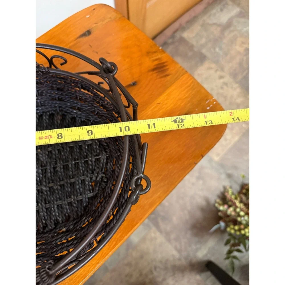 Vintage Dark Brown Metal Wire and Woven Seagrass Oval Basket with Swing Handle